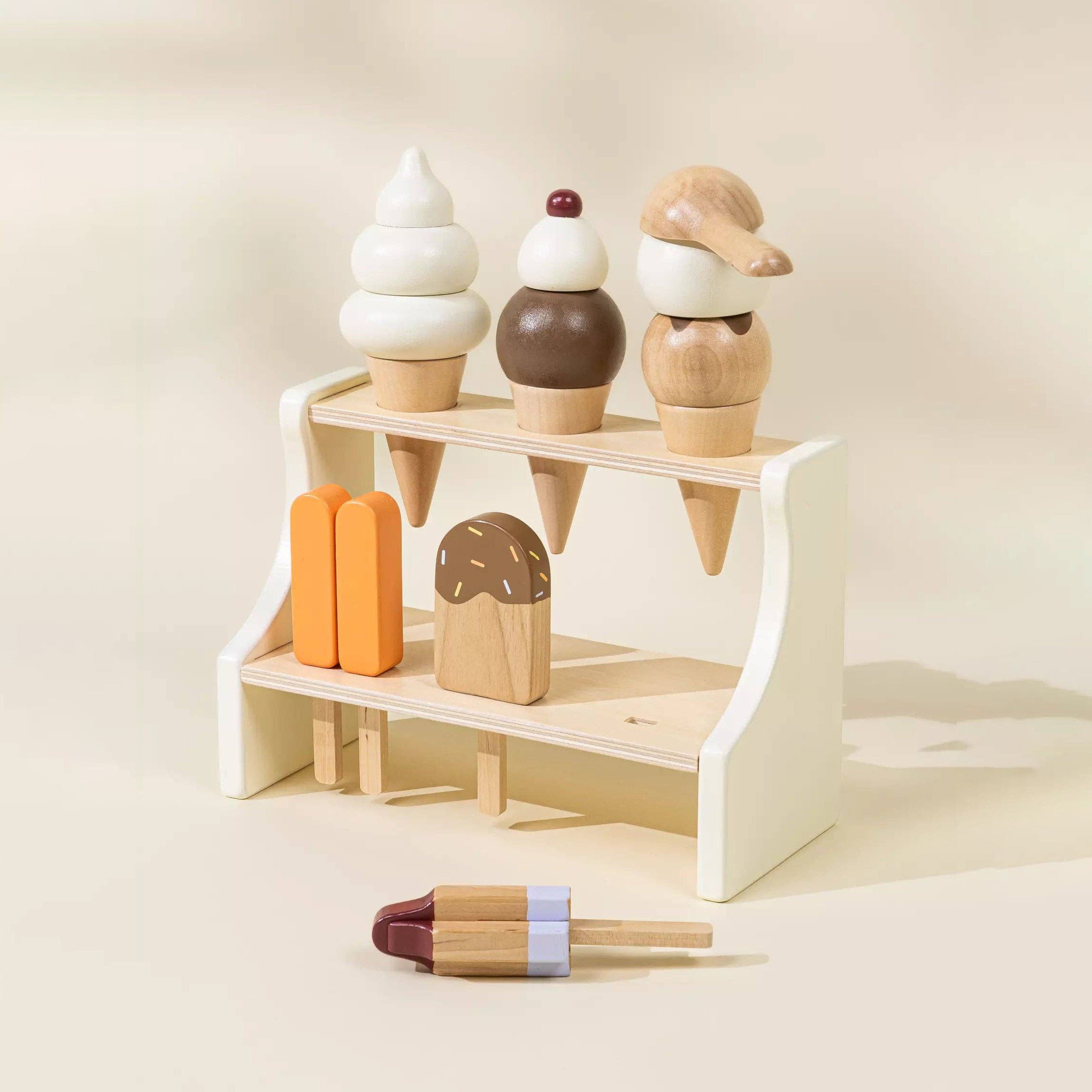 Eisdielen-Spielset aus Holz | Eistüten und Eis am Stiel mit Ständer und Löffel