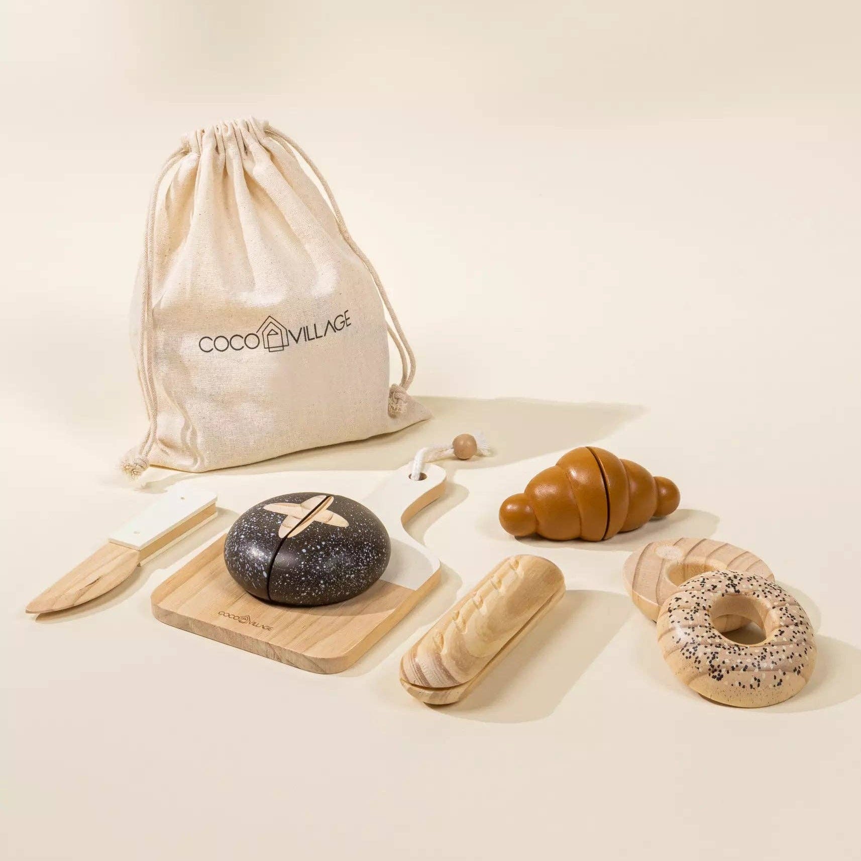 Bäckerei-Spielset aus Holz | Marktset mit 4 Brotsorten, Messer und Schneidebrett