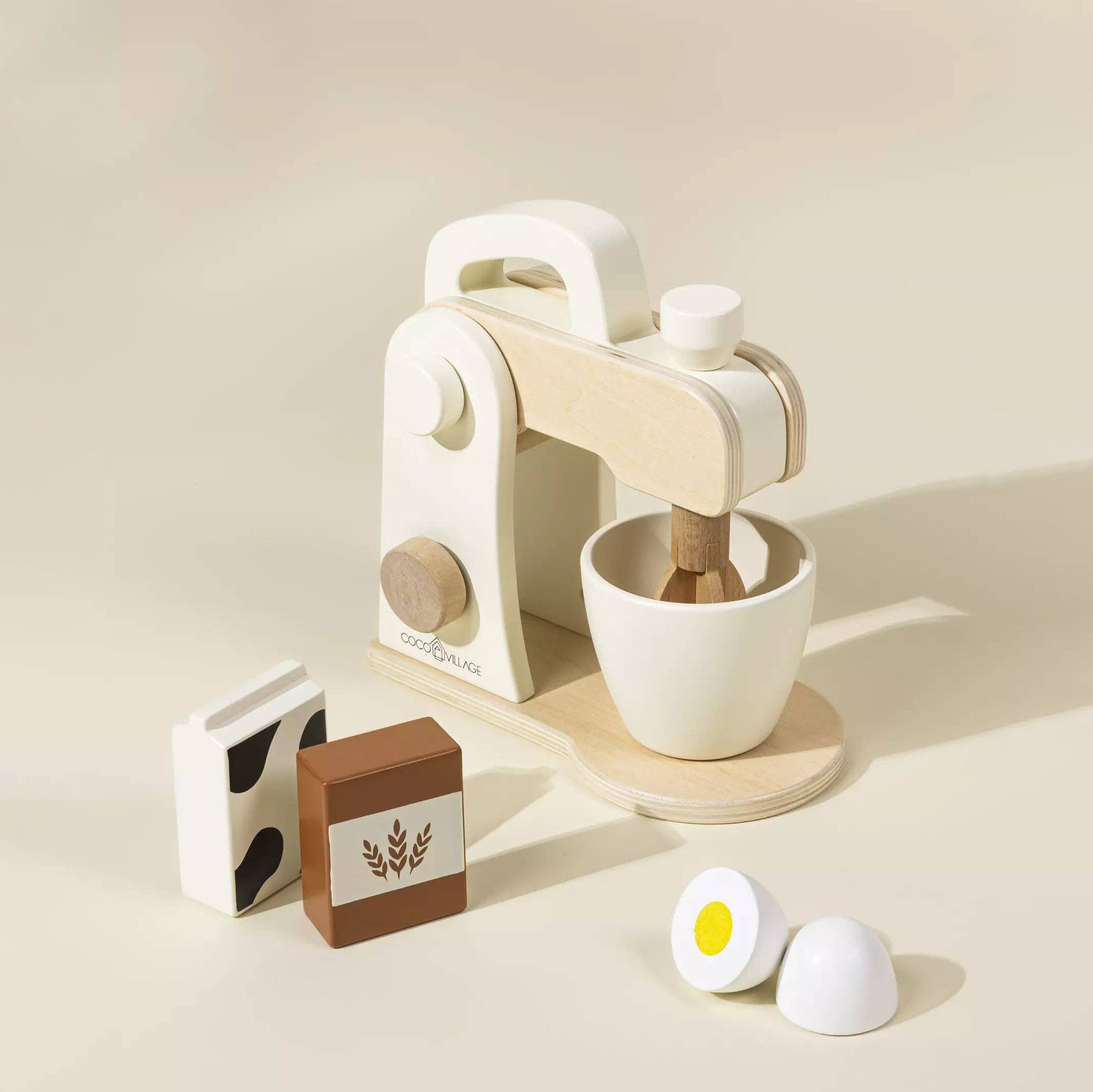 Spielset mit Holz-Standmixer | Realistischer Mixer mit Milchkarton, Mehl und Ei