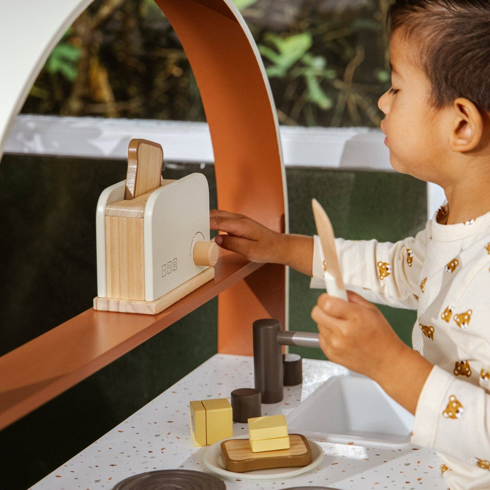 Spielset: Toaster aus Holz | Spieltoaster mit Federbrot und Butterzubehör