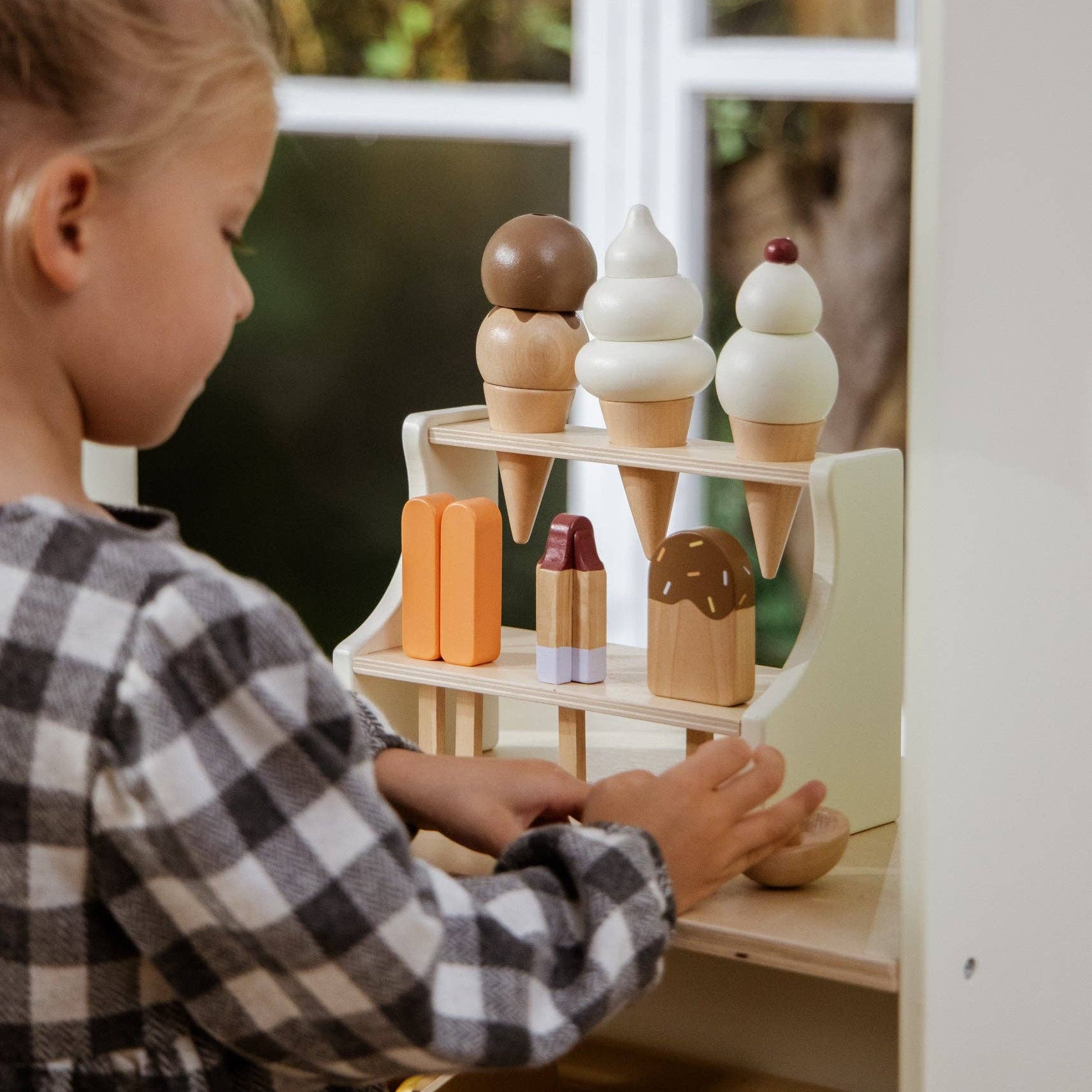 Eisdielen-Spielset aus Holz | Eistüten und Eis am Stiel mit Ständer und Löffel