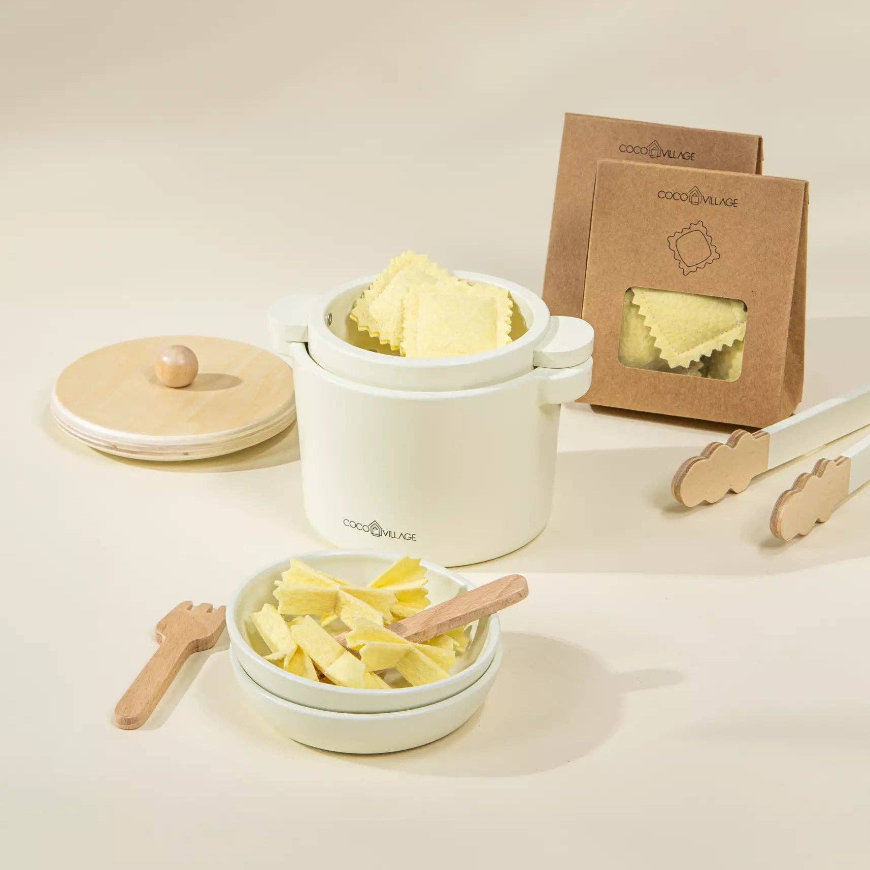 Nudelspielset aus Holz | Komplettes Küchenrollen-Set mit Pfanne, Sieb und Filznudeln