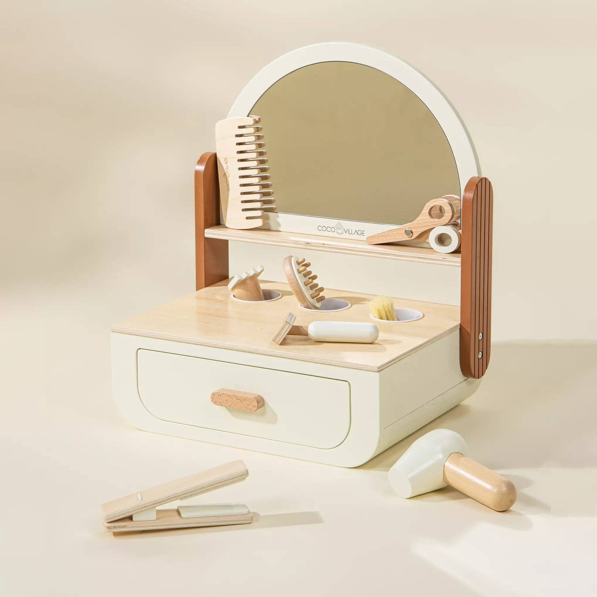 Friseursalon aus Holz | Stylisten-Set mit Föhn, Schere und Friseurzubehör