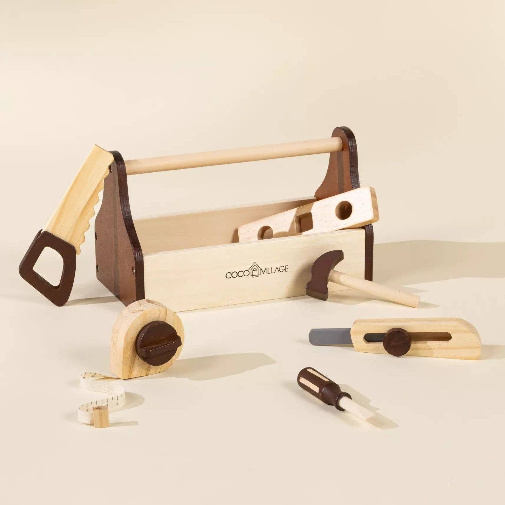 Werkzeugset aus Holz | Starterset mit Kiste, Säge, Hammer und Messwerkzeugen