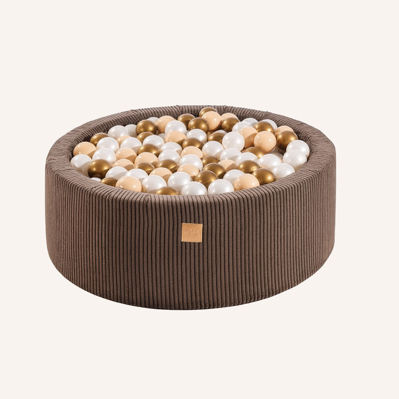 Braunes rundes Bällebad (90 x 30 cm) mit 200 weißen/kupferfarbenen Bällen