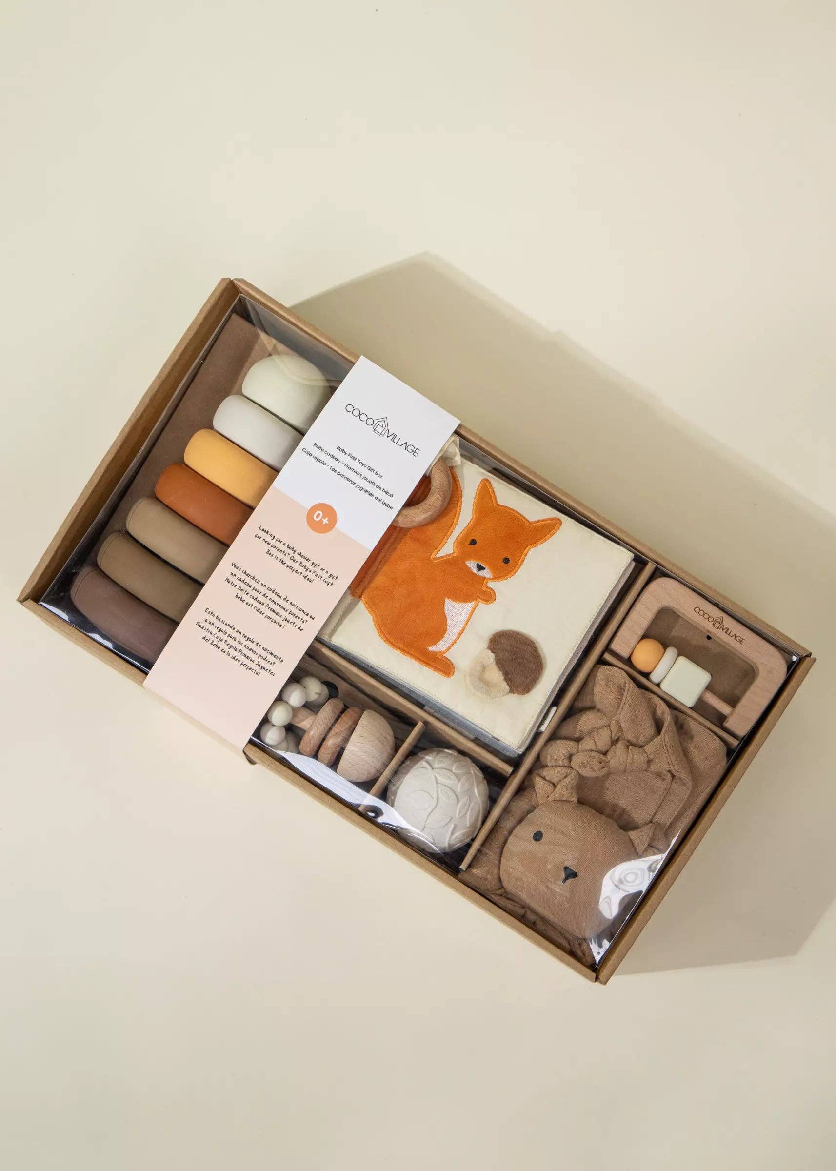 Geschenkbox für Babys erste Spielsachen | Mit Rassel, Sinnesbuch und Stapelspielzeug