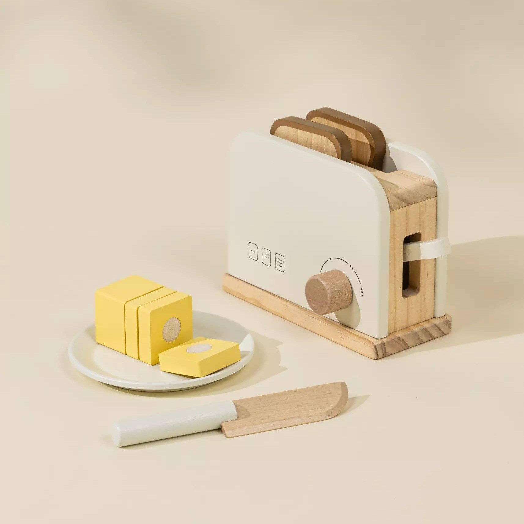 Spielset: Toaster aus Holz | Spieltoaster mit Federbrot und Butterzubehör