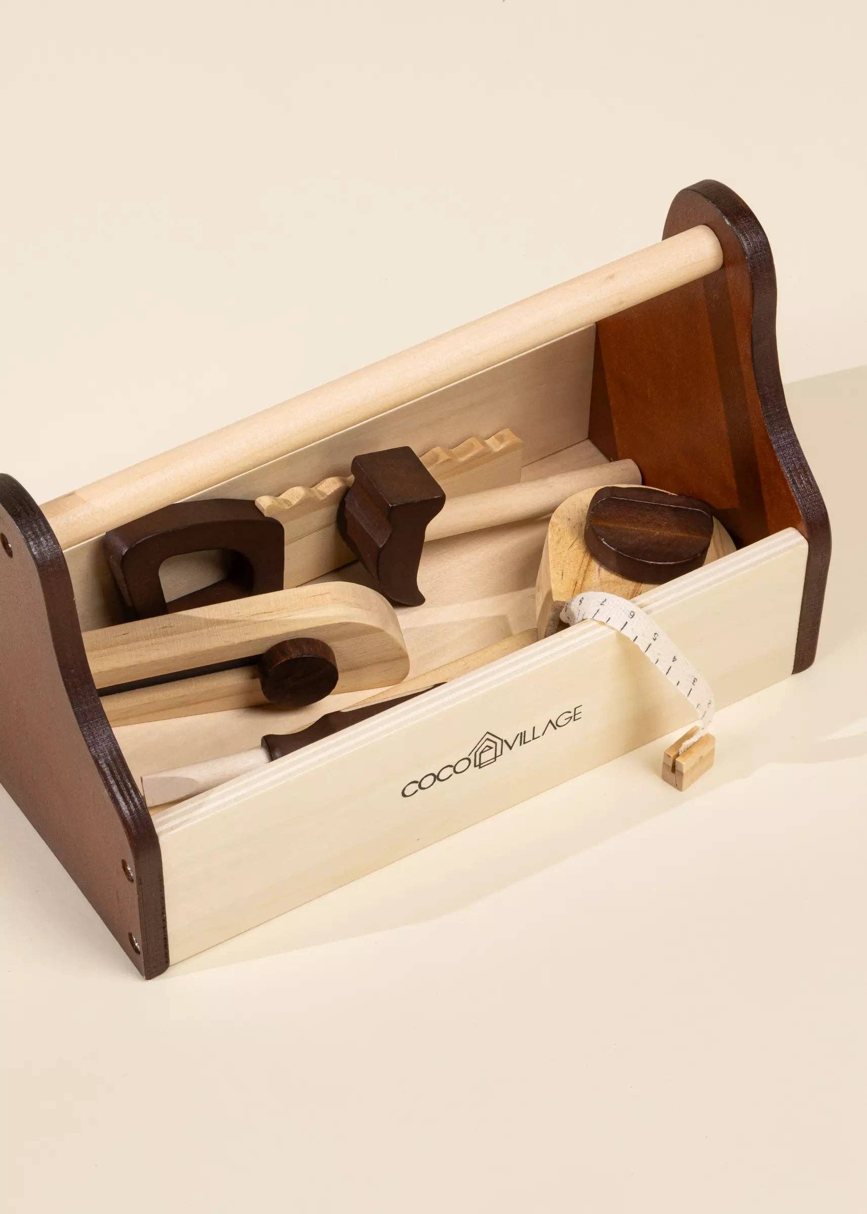 Werkzeugset aus Holz | Starterset mit Kiste, Säge, Hammer und Messwerkzeugen